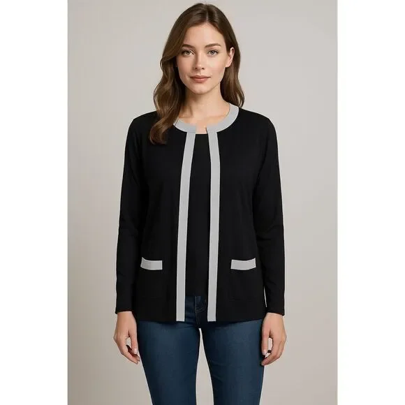 Misook Open Knit Gold Trim Cardigan Black Size M - Picture 1 of 12